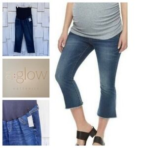 A:Glow Maternity Capri Jeans Size 18 Blue Denim Full Belly Band Raw Hem NEW